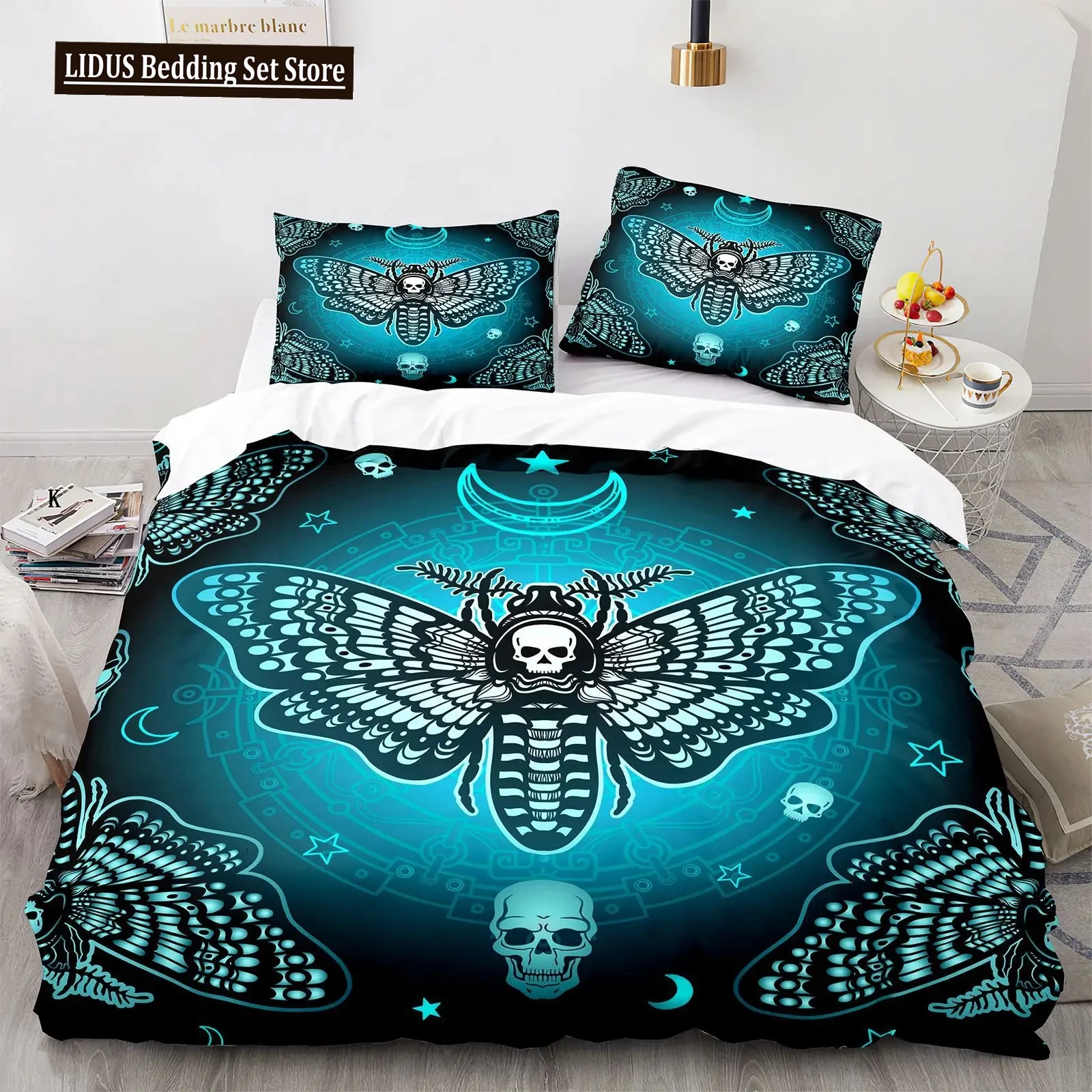 

Death Moth Duvet Cover Set Queen Size Gothic Skull Boho Comforter Cover Black And White Skeleton Decorative Soft Bedding Set