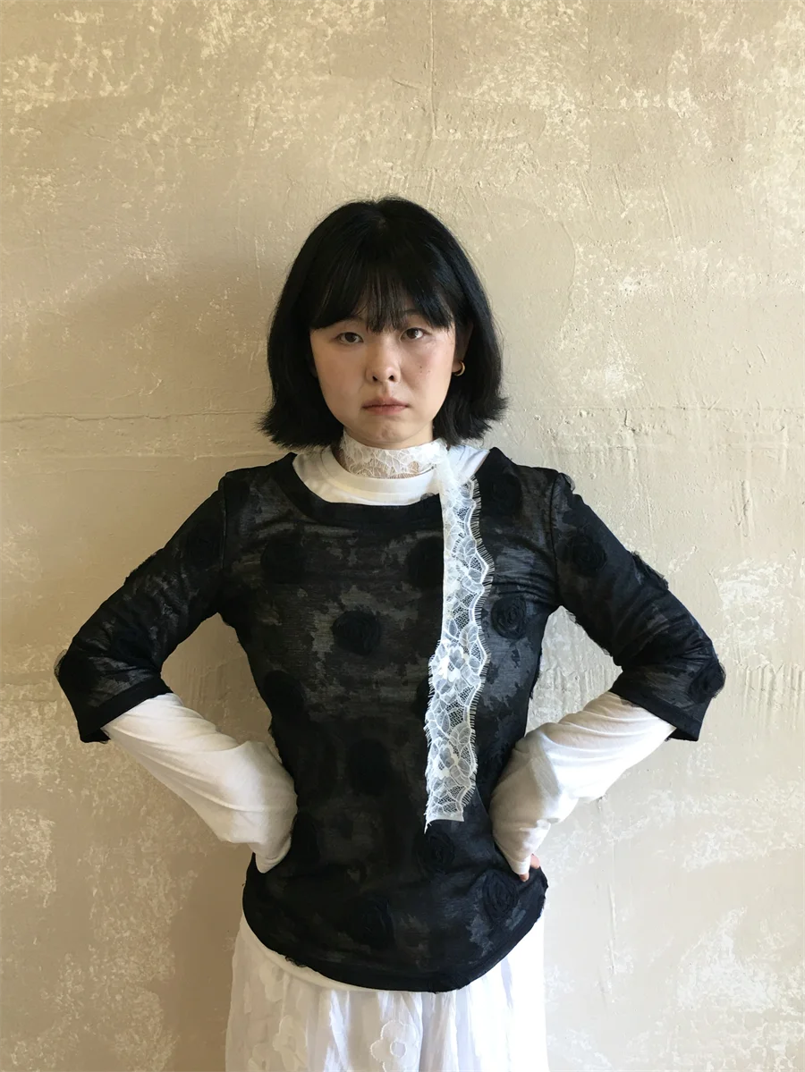 

Женская базовая футболка с кружевом, имитация двухслойности, с длинным рукавом, из модной ткани, с круглым вырезом, теплая, на каждый день