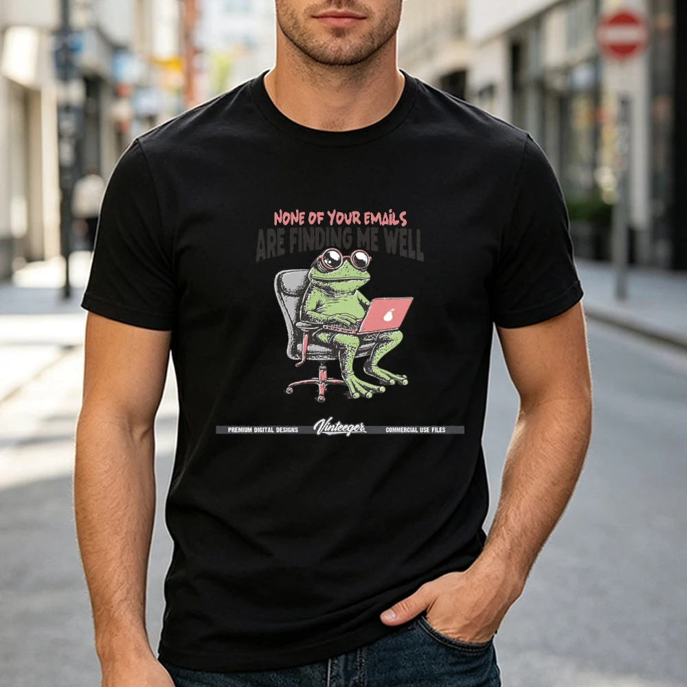 Office Worker Frog Laptop Email Meme T Shirt Men Funny Corporate Life Cartoon Print Tee Black Casual Work Top Office