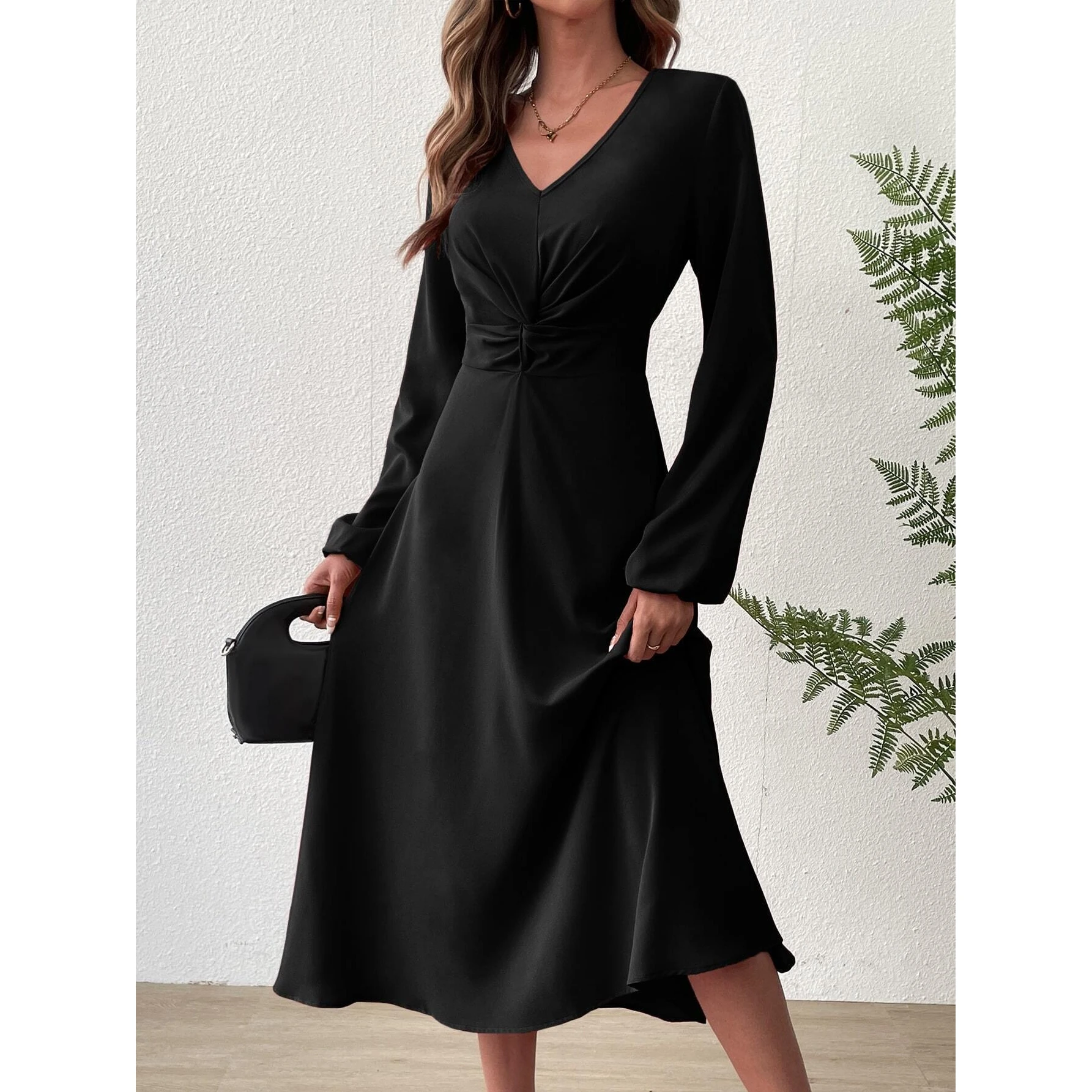 Ele V-ne Midi Dr 2024 خريف وشتاء عالي الخصر على شكل حرف a Sister Sle Long Sve Ele Dr للنساء