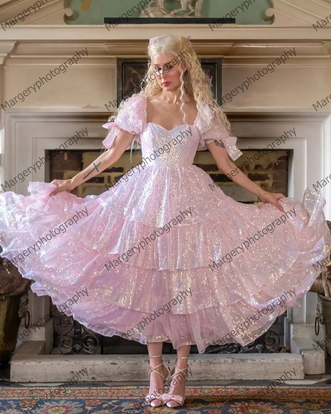 Princesa lantejoulas rendas vestidos de baile glitter babados em camadas rendas inchado pageant vestido de festa mangas puff arco meninas vestidos de brithday