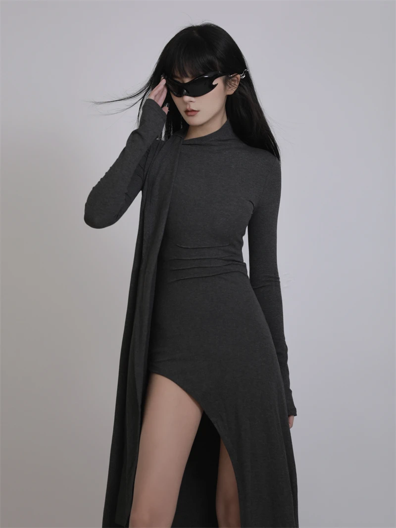 High-End Slimming Dress Special-Interest Design Spring and Autumn Long Hot Girl Slit Long Sleeve Dress Women's Trendy Sexy Robe