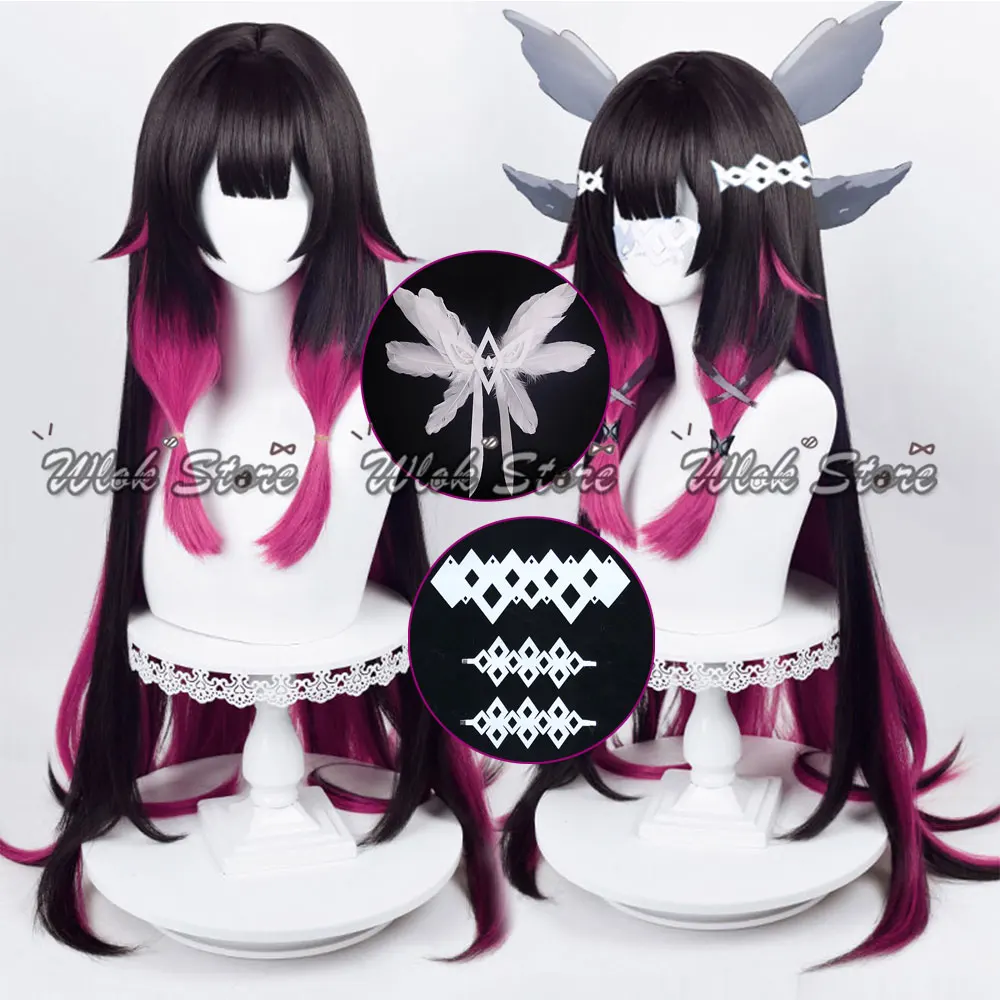Game Genshin Impact Damselette Columbina Cosplay Pruik Veer Hoofddeksels Vrouwen Halloween Party Carnaval Props Zwart-rood Haar Lang