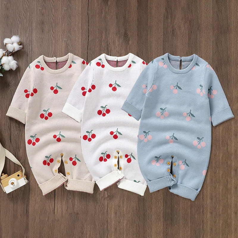 Autumn Baby Romper Knitted Infant Boys Clothes Overalls 0-18M Fashion Cute Cherry Warm Newborn Girls Jumpsuit Outfit Long Sleeve