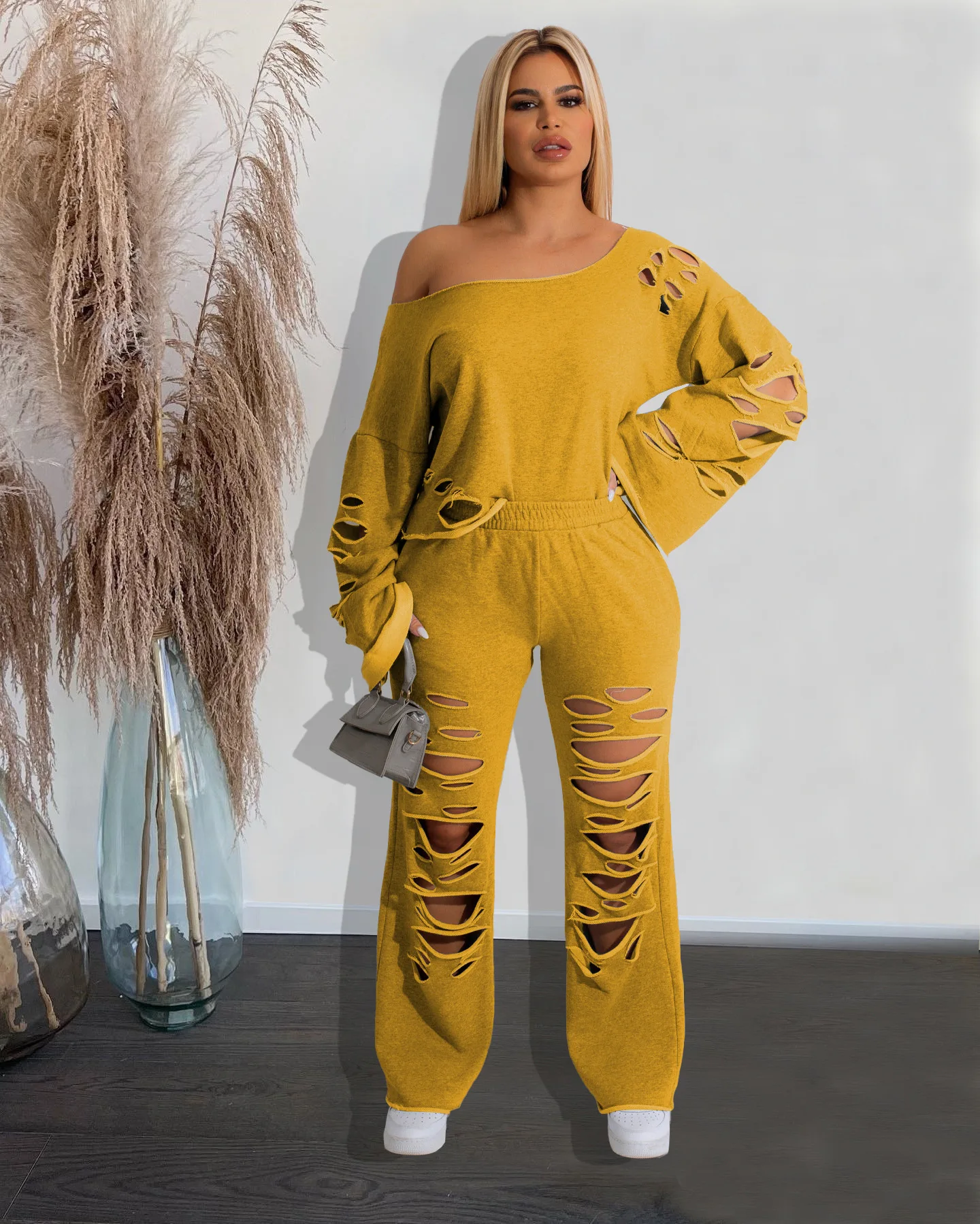 

Loose Ripped Set Women Autumn Fashion Solid Color Off Shoulder Long Sleeved Pullover High Waist Wide Leg Pants Two Piece Set