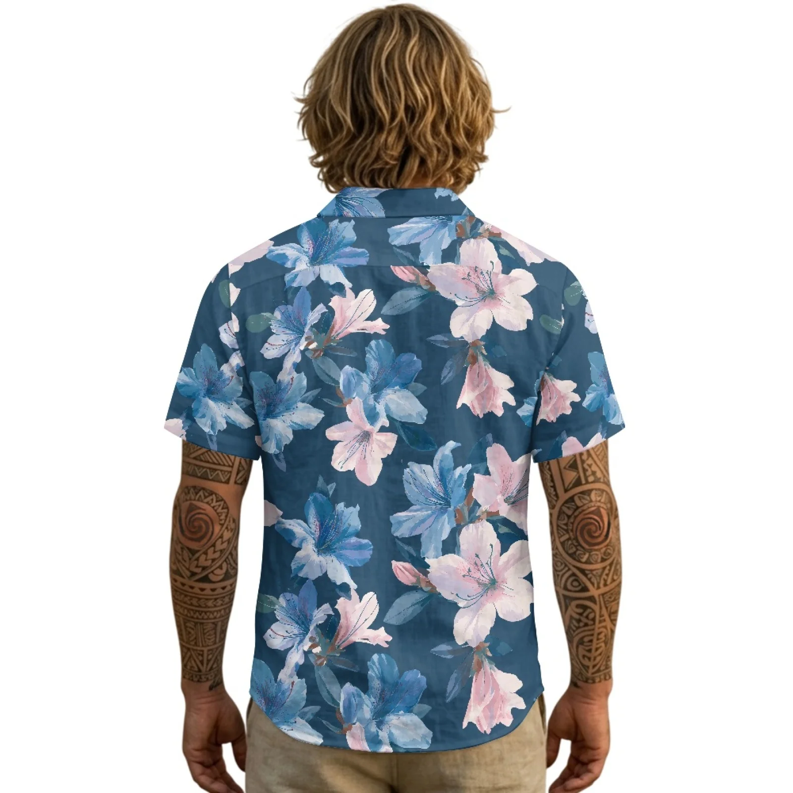 PENSTROLL Blue Pink Floral Print Linen Like Cargo Shirt For Men Men's Button Down Shirts for Male Button Up Short Sleeve Tees