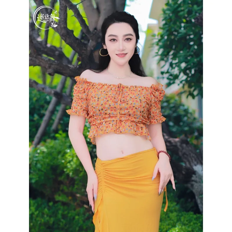 Customized Belly Dance Top Original Dancing Clothing Lotus Leaf Sleeve Practice Clothes Printed Loose Performance Costumes