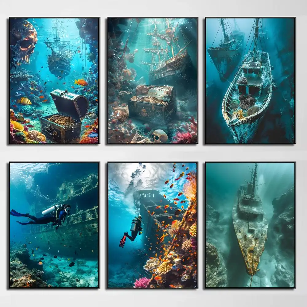Moody Nautical Art S-Sunken Boat Poster Wall Decor for Young Collectors, Indoor and Outdoor Decor