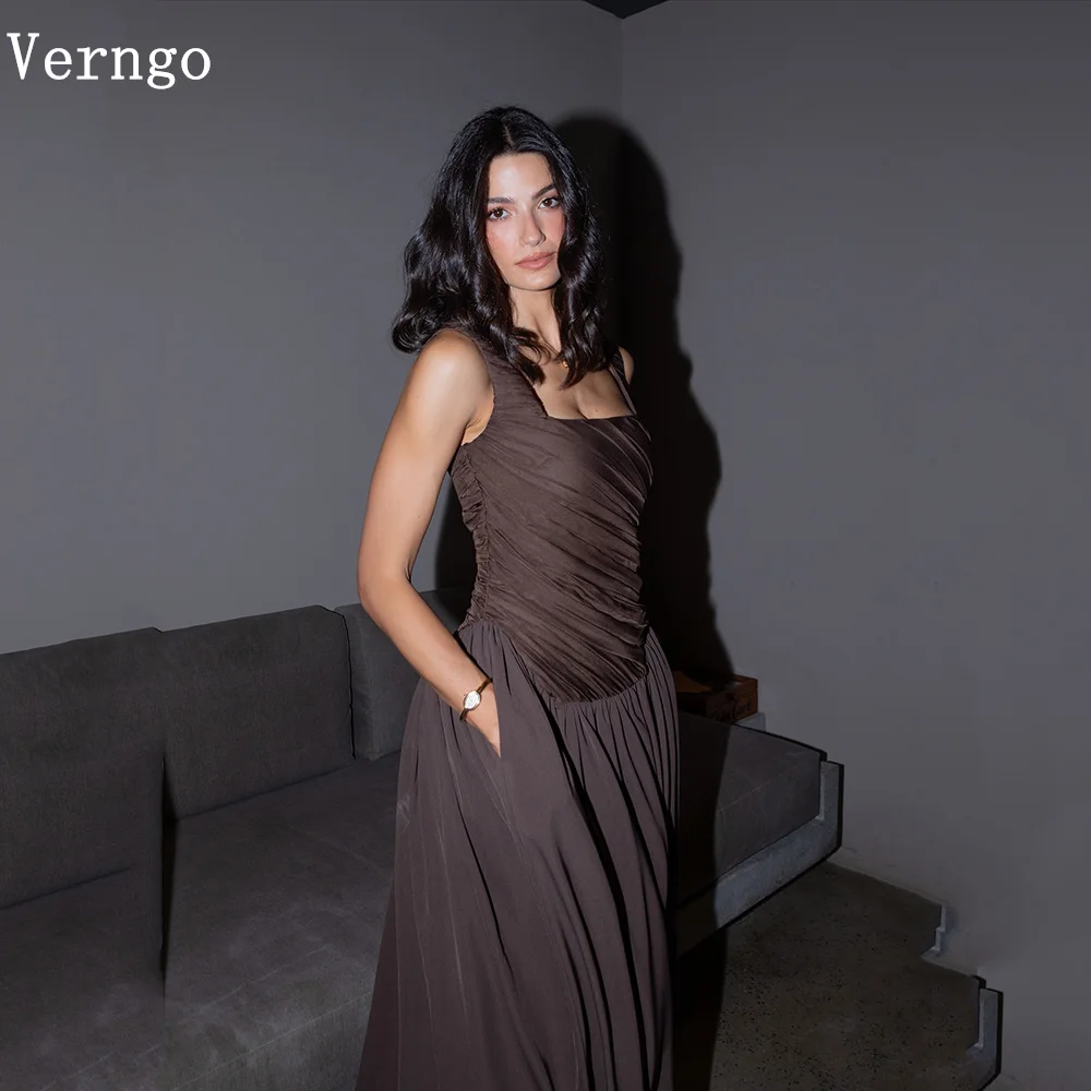

Verngo Brown Satin Evening Dress Spaghetti Straps A Line Formal Dress Women Elegant Pleated Prom Gowns Customized