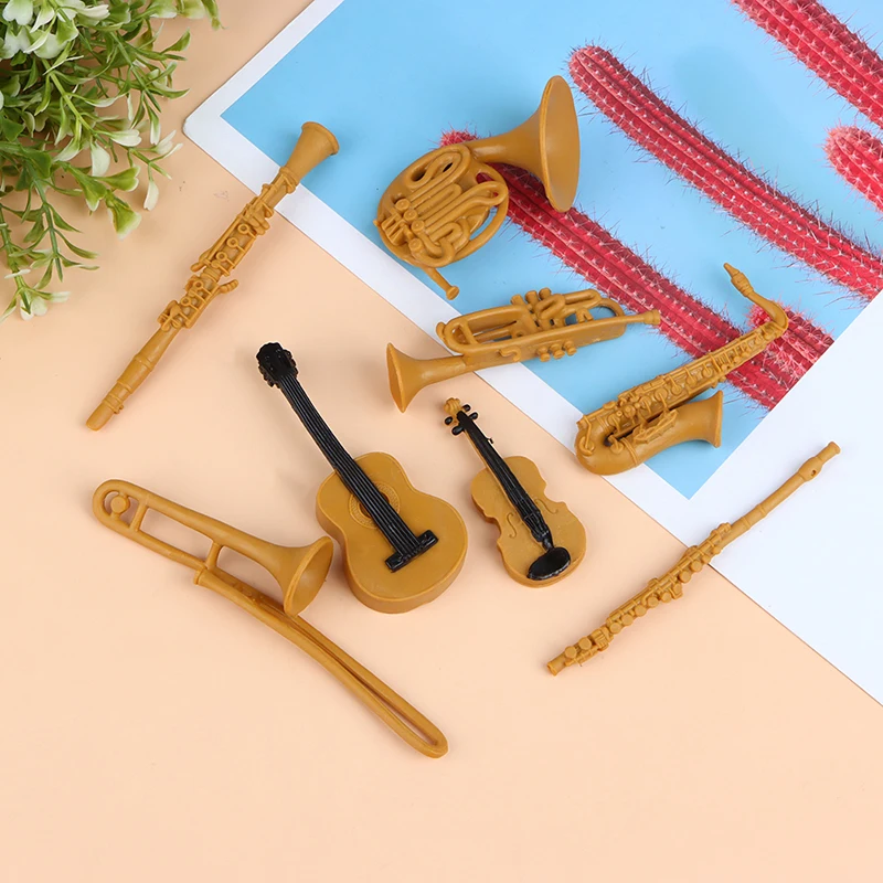 8Pcs Mini Musical Instrument Suit Figures Sax Guitar Violin French Horn PVC Figurine Educational Toy For Children