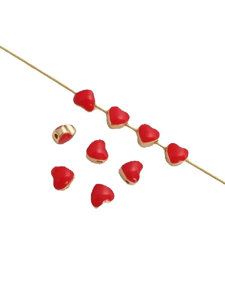 

14K gold covered with oil, red small heart, separated by beads, red heart, handmade beads, DIY bracelet accessories