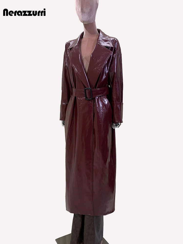 Nerazzurri Spring Oversized Extra Long Burgundy Pu Leather Trench Coat for Women Belt Elegant Luxury Designer Clothes Overcoat