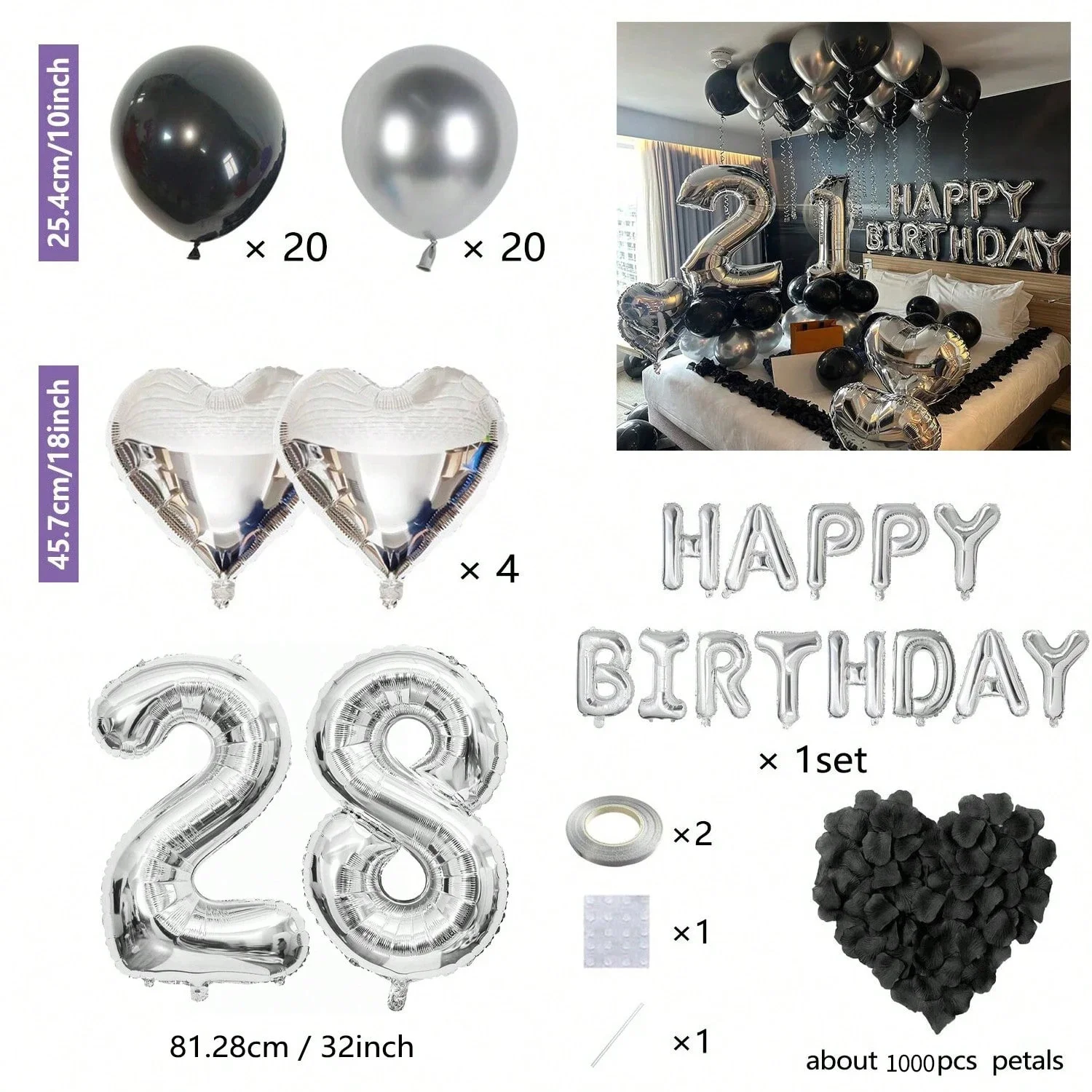 1050 Stück Schwarze & Silberne Partyballons Dekorationen mit Silbernem Happy Birthday Banner Chrom Silber Ballons für Kinder und Erwachsene
