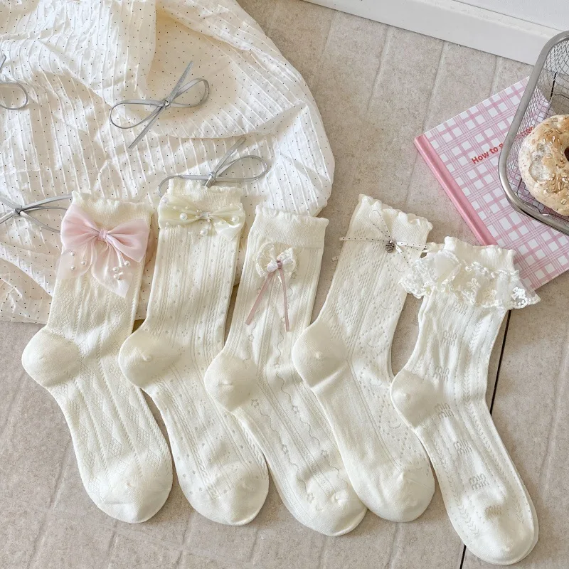 Cream White Hollow Breathable Cotton Ruffle Bow Calf Socks Kawaii JK Lolita Daily Party Dress Accessory Women Socks