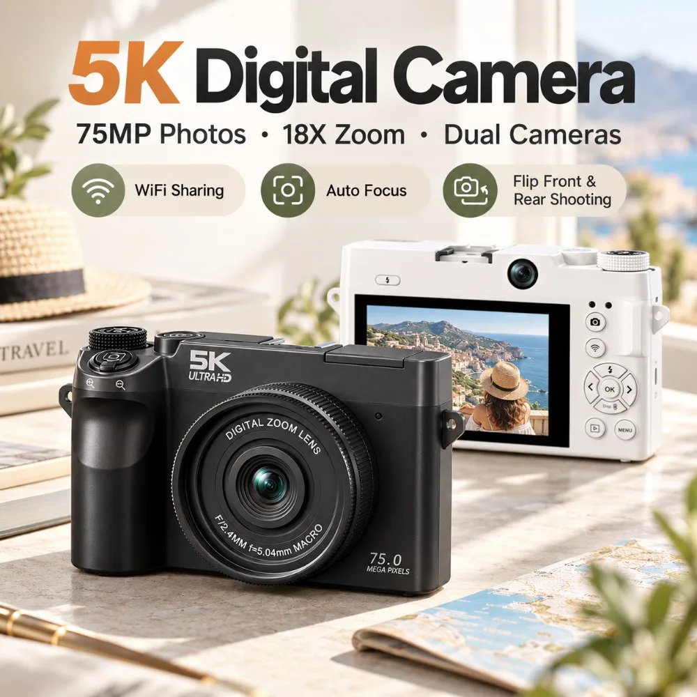 5K Digital Camera for Photography 75MP Autofocus 18X Digital Zoom Compact Point and Shoot Camera for Travel Selfies and Vlogging