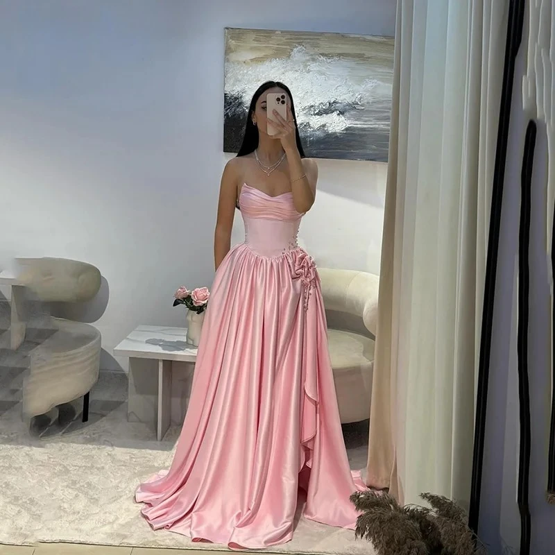 ชุดแต่งงานเอ-ไลน์ที่ไม่มีสายหนังยาวพื้นจีบชุดเจ้าสาวด้านข้างผ้าซิลท์ดอกไม้ชุดคุณภาพสูงชุดปาร์ตี้งานพรอมที่กำหนดเอง