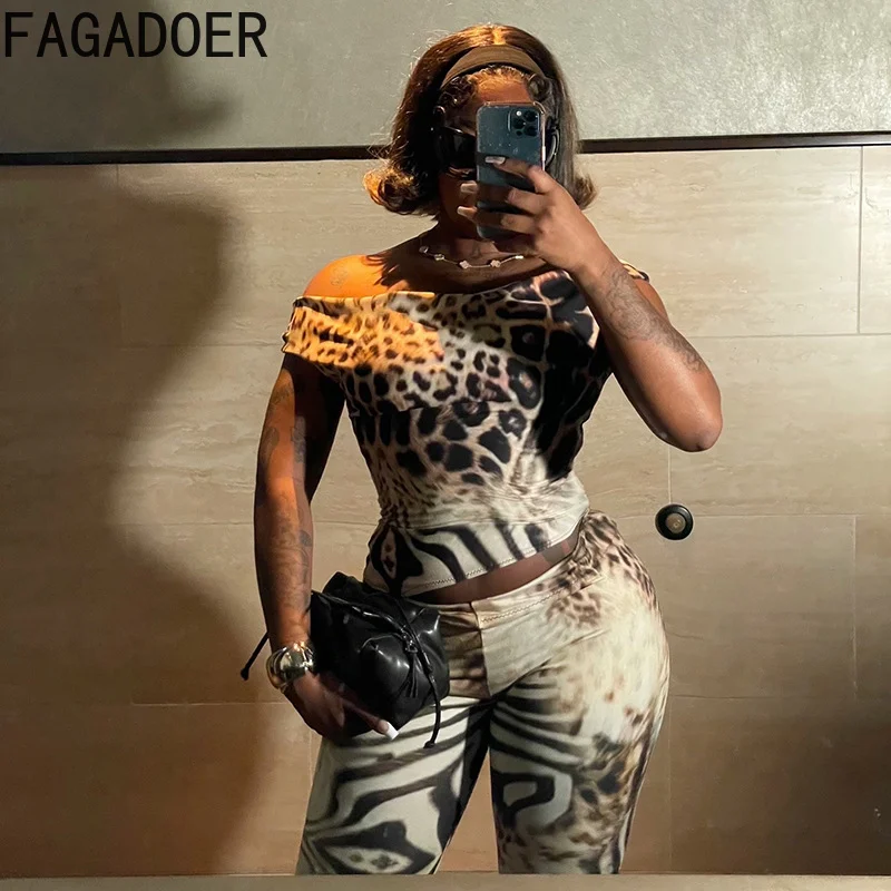 FAGADOER Fashion Leopard Print 2 Piece Sets Woman Outfit Slash Neck Backless Tops + Skinny Pants Midnight Suit Female Streetwear