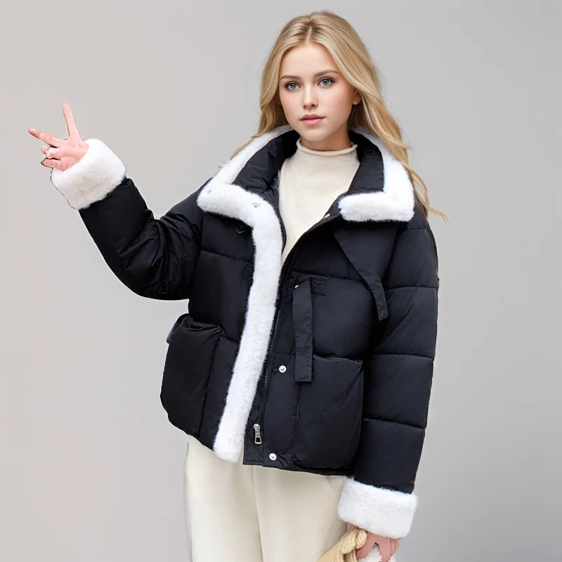 

Spliced Winter Women's Parka Jacket Color Blocked Lambswool Lapel Collar Single Breasted Coat For Korean-Style Lady's Top
