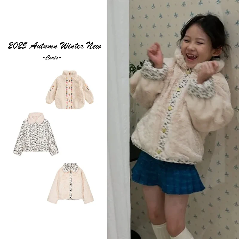 

2025 New Embroidered Cotton Clothing for Girls Children's Lamb Wool Coat Warm and Thick Winter Wool Blends Children's Clothing