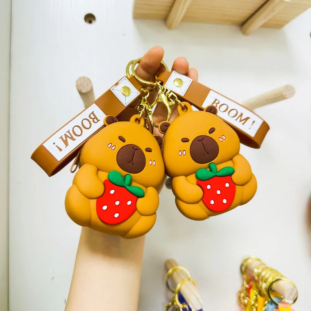 

2pcs Pouch Key Ring Capybara Doll Wallet Pendant Strawberry Silicone Storage Bag Anti-loss Brown Children Cartoon Purse Students