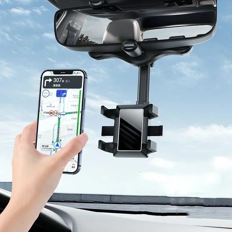 Car Rearview Mirror Phone Holder - 360° Adjustable Bracket with Anti-Slip Gripper for iPhone, Samsung, Xiaomi