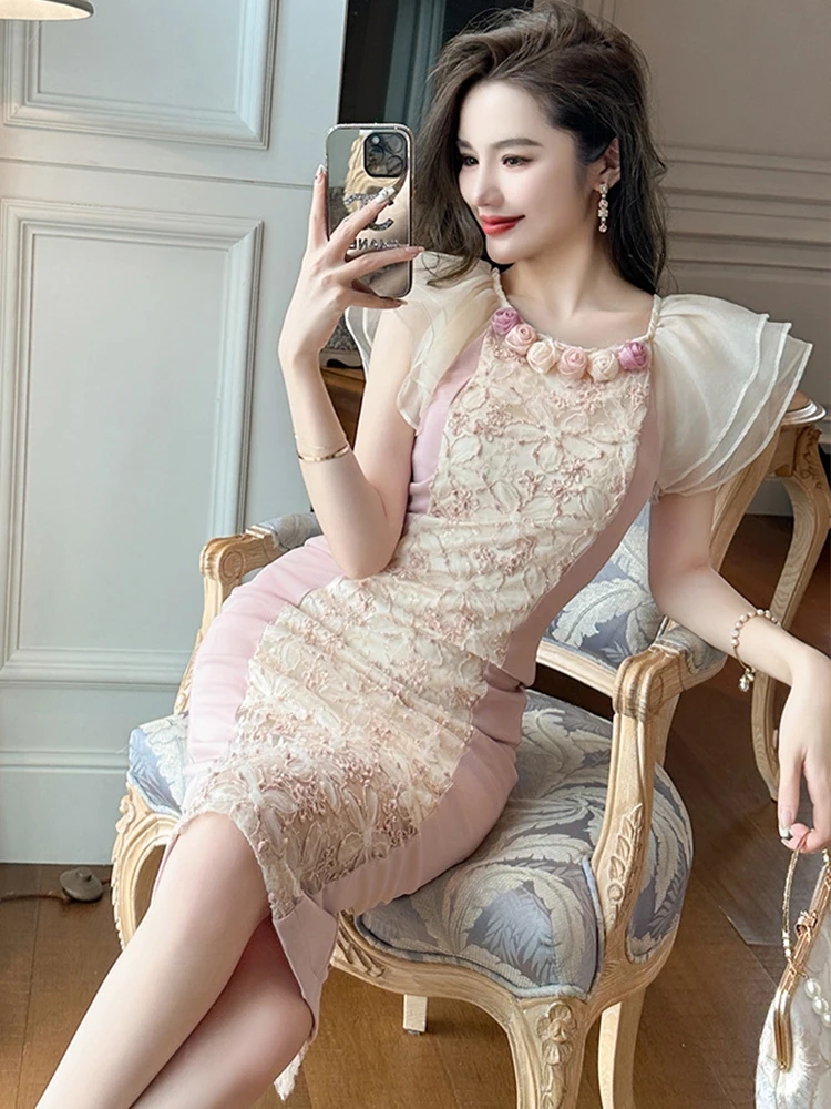 Noble Elegant Prom Dresses Women Sweet Cute Girl Chic Rose Sheer Lace Hook Flower Sequin Embroidery Wrap Hip Robe Party Vestidos