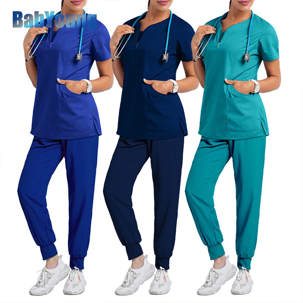 

Stretch Medical Uniforms Women Scrubs Sets Tops Pant Nurses Accessories Hospital Doctors Dental Clinic Lab Worwear Clothes Suits