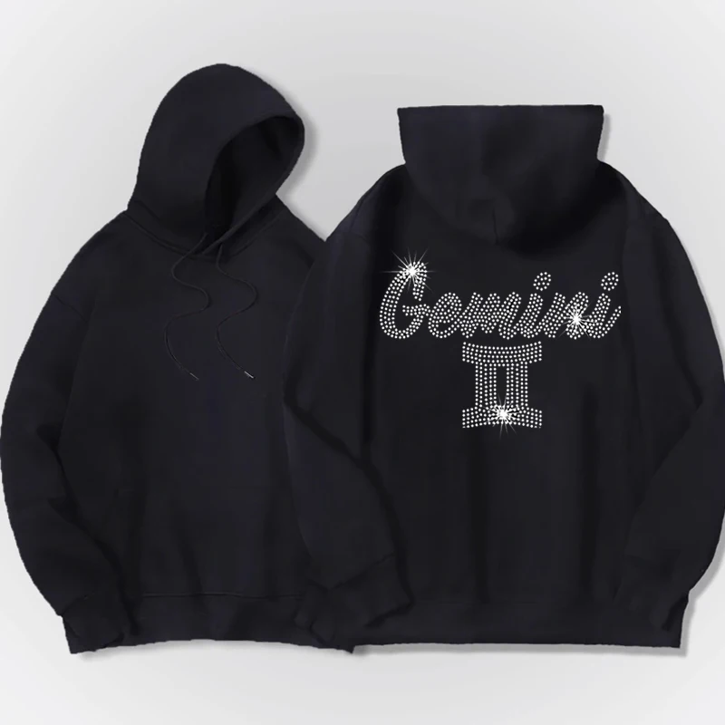 Spring Men's Loose Sweatshirt Hoodies Black Gemini Rhinestone pocket Hoody Male Casual Draily Jacket Coats Unisex Pullover New