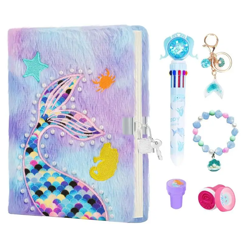 Kids Diary With Lock Creative Mermaid Notebook Kids Journal Notebook Tie-Dye Fuzzy Journal A5 Secret Journal With 160 Lined