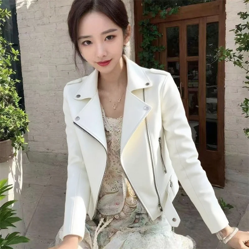 신상품 2025 여성용 숏 모터사이클 재킷 한국 버전 PU 가죽 재킷 슬림 봄 가을 코트 아우터웨어 노랑 빨강 검정