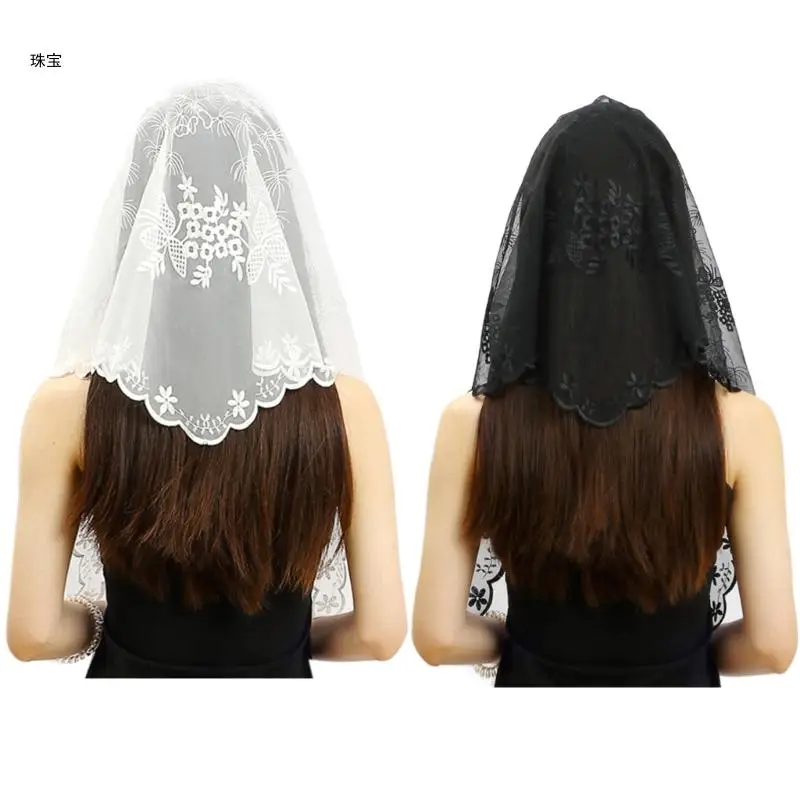 

X5QE Women Embroidery Mantilla Lace Traditional Mass Catholic Mass Church Veil