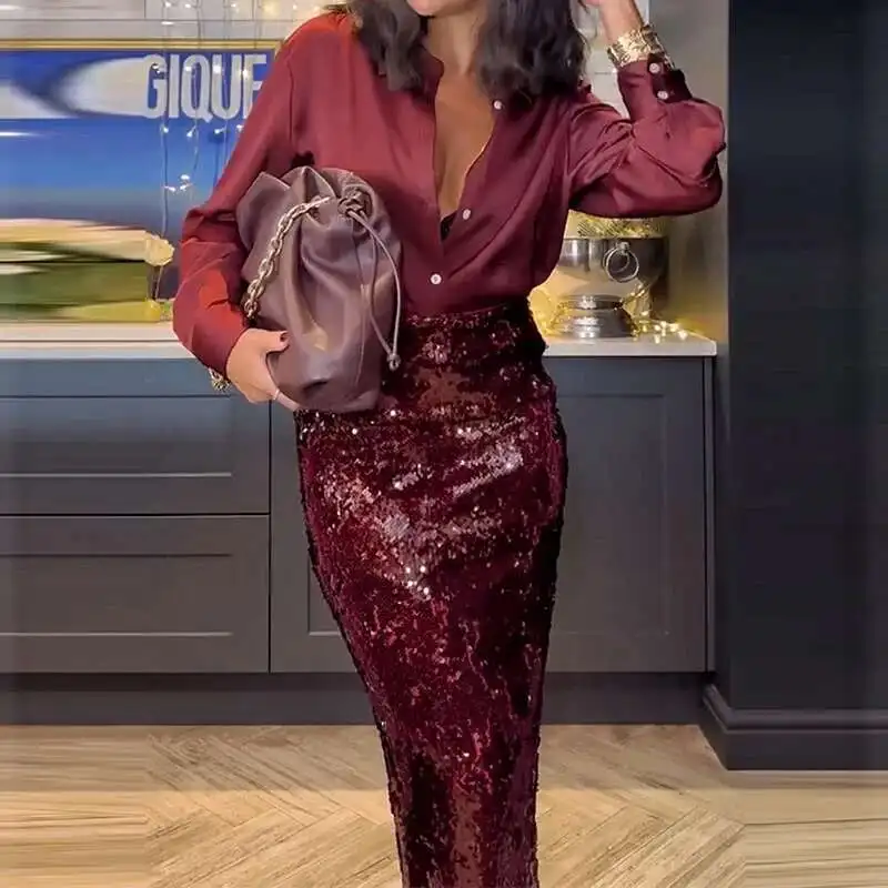 Ensemble 2 pièces élégant à manches longues, chemise et jupe à paillettes boutonnées à revers pour dames, vêtements de fête de printemps et d'été pour femmes