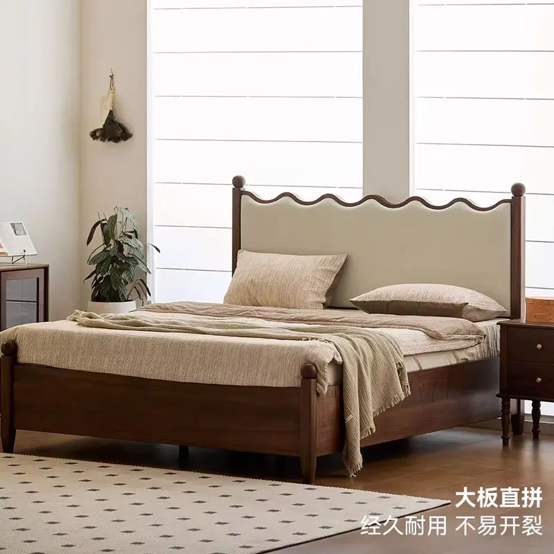 North American black walnut double bed, Nordic full solid wood backrest master bedroom box bed, Japanese soft bag high bo