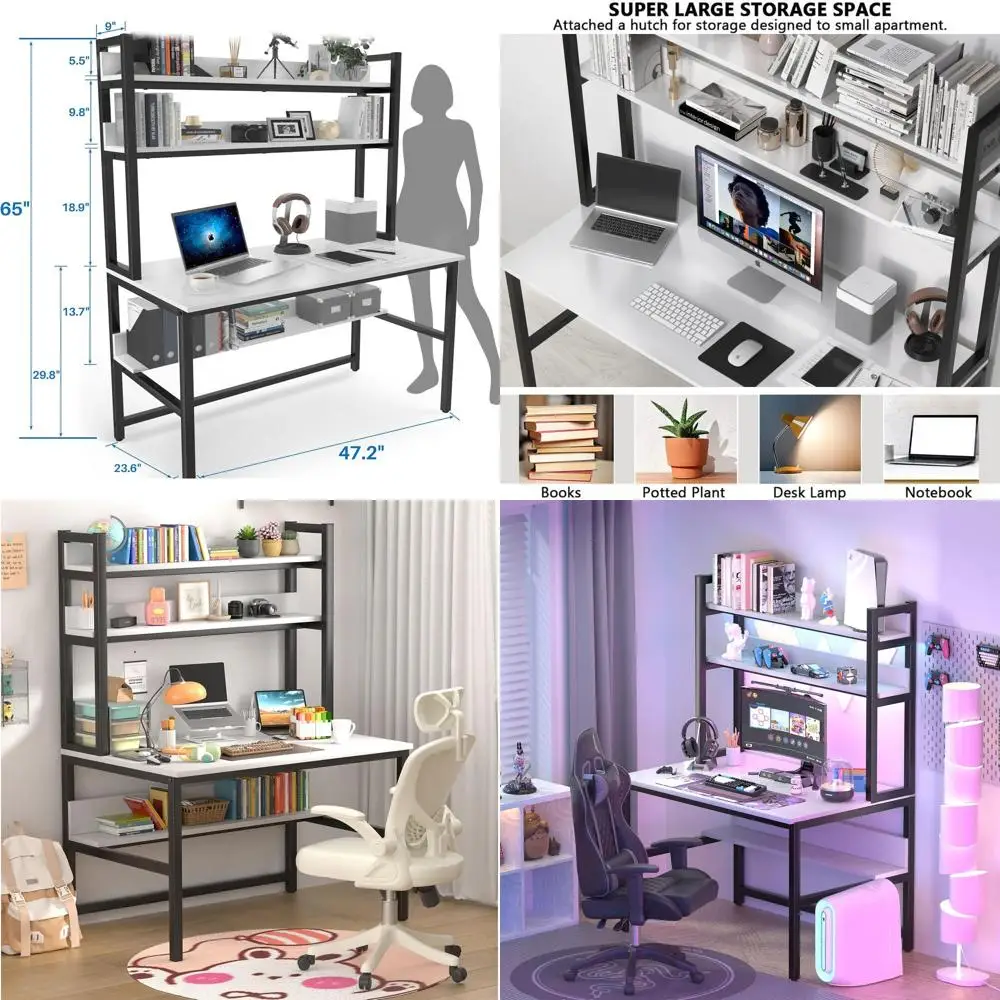 

47 Wide White Gaming Desk with Hutch & 3-Tier Shelves for Home Office or Bedroom Storage