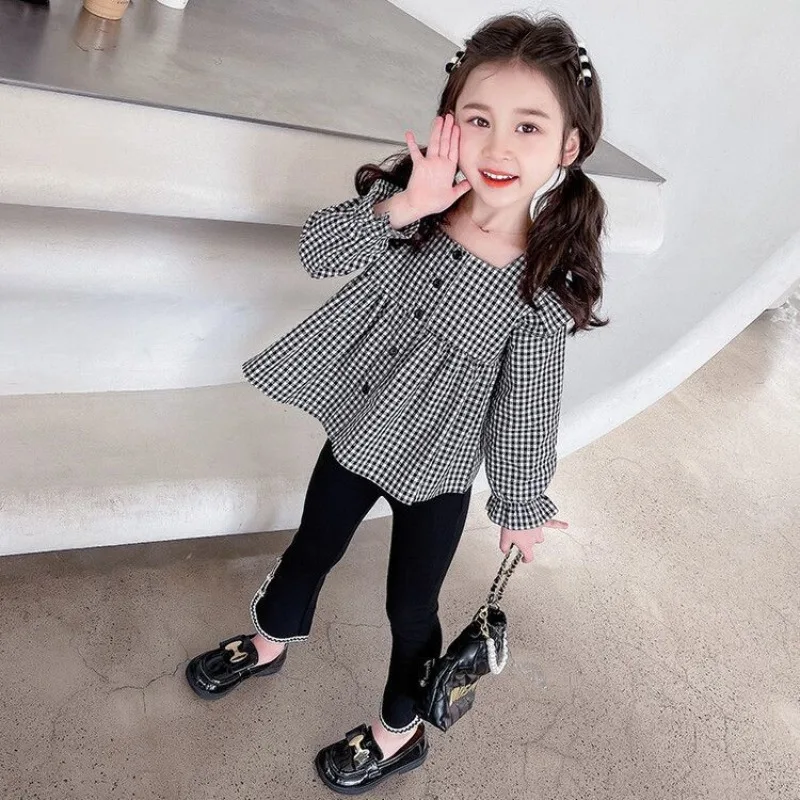 Girl's Autumn Plaid Shirt Set 2026 Stylish Two Piece Outfit Petite Off Shoulder Long Sleeve Children's Princess Shirt Ensemble
