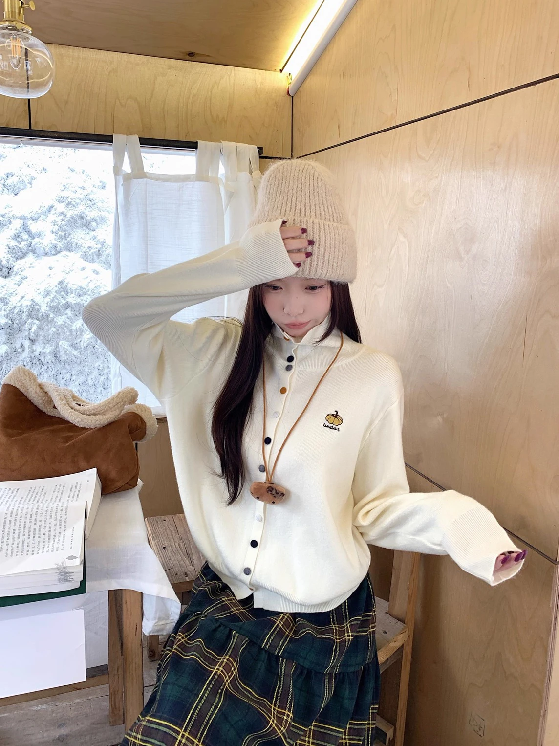   Gestickte Knopf Hoher Kragen Pullover Mantel Damen Gestrickte Offene Strickjacke Top Wärme Herbst Winter Faion Pendeln