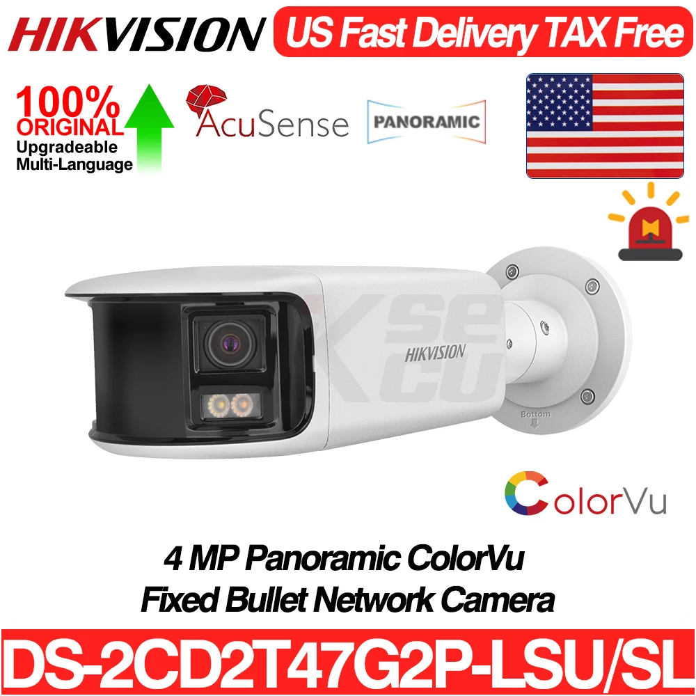 

Hikvision DS-2CD2T47G2P-LSU/SL 4MP Dual Lens Panoramic ColorVu Bullet IP Camera Acusense Strobe Light Audible Alarm 2-Way Audio