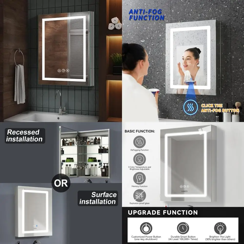 

20x26 Inch LED Illuminated Bathroom Medicine Cabinet with Mirror, Suitable for Recessed or Surface Mount Installation