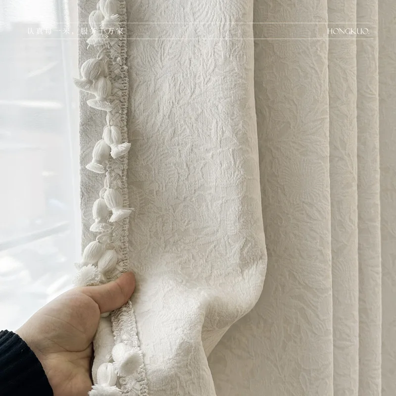 Chenille Curtains French Cream Style Jacquard Embossed Design, Double Door Width, Decorative Window Curtain for Bedroom