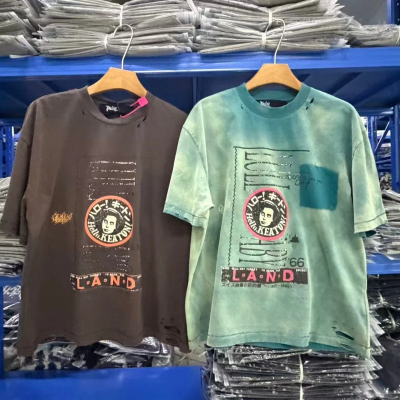 Vintage Washed Oversized Men Cotton T-Shirt PALY Retro Portrait Graphic Distressed Tee