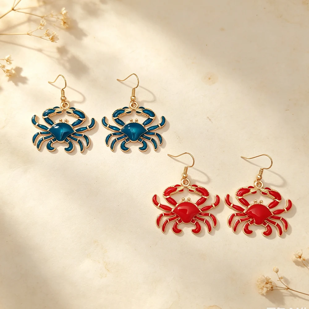 Two-Color Enamel Crab Dangle Earrings, Gold-Edged Marine Animal Small Crab Metal Earrings, Ocean-Themed Everyday Style Accessories