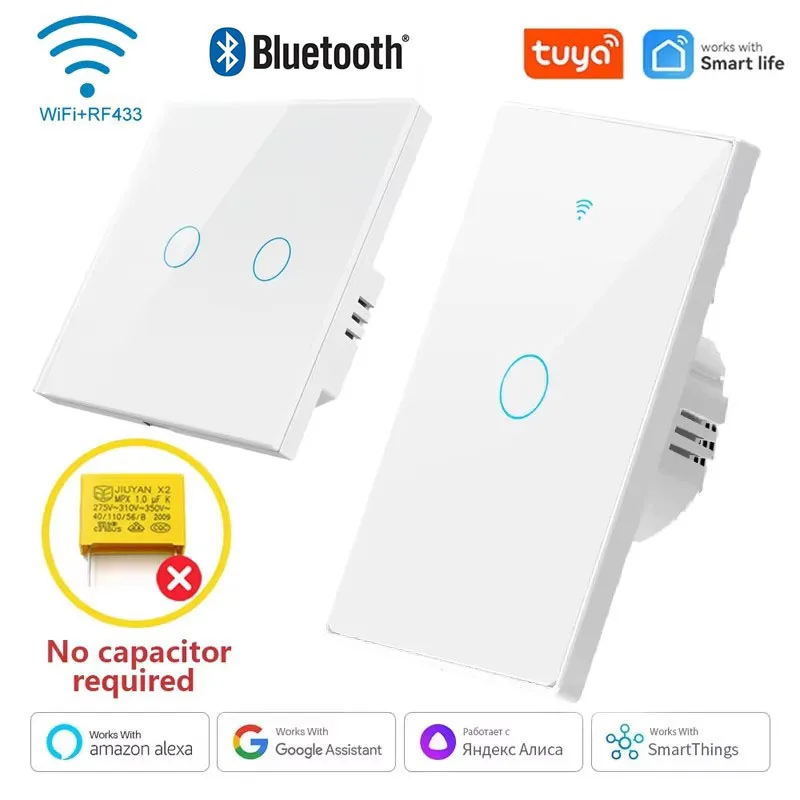 

Tuya Wi-Fi Smart Touch Light Переключатель ЕС/США RF 433 МГц Bluetooth Беспроводной дистанционный светодиодный выключатель 1-4Gang Голосовое управление Alexa Google