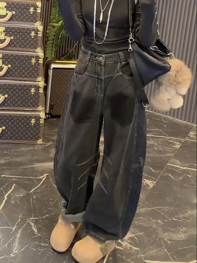 

American style retro design with clear lines jeans women trendy high street personality loose wide legs floor length pants