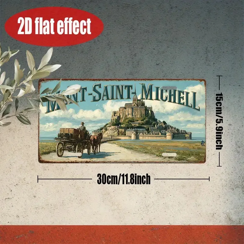 طباعة مسطحة ثنائية الأبعاد، قطعة واحدة، لافتة قصدير معدنية قديمة، لوحة فنية جدارية خارجية، علامة MONT - SAINT - MICHEL، ديكور قديم، مسار
