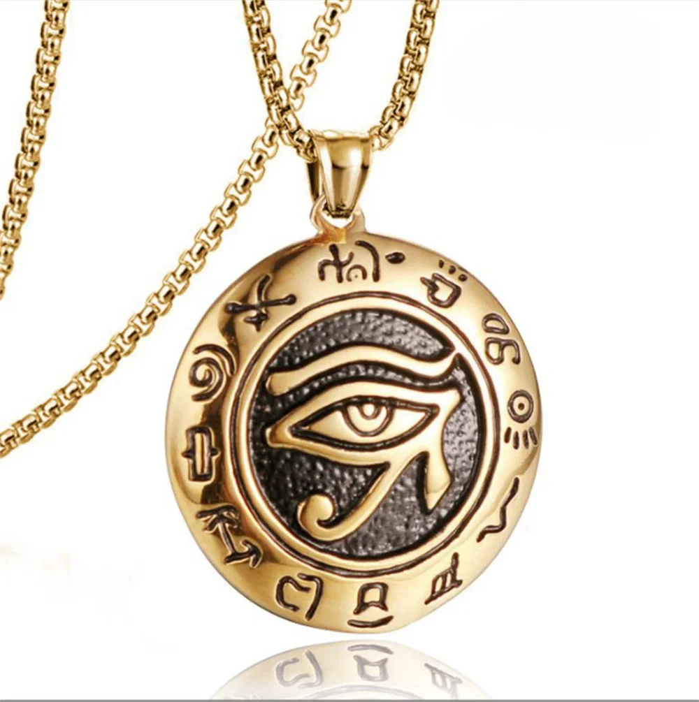 مصر القديمة عين حورس قلادة الذهب الذكور اللون الفولاذ المقاوم للصدأ الزركون قلادة مستديرة للرجال المجوهرات المصرية هدية 2025