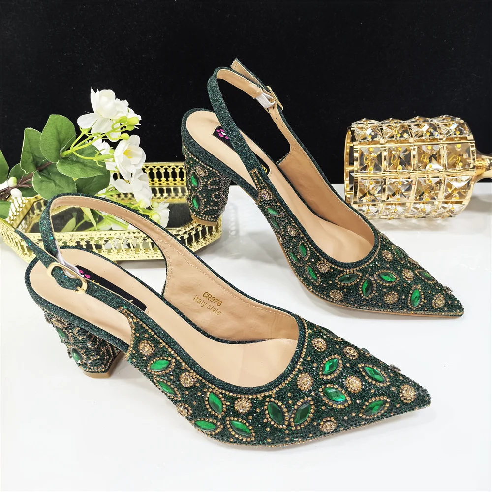 

Новейшие зеленые туфли на высоком каблуке с кристаллами и бриллиантами, богемный дизайн в горошек, вечерние женские туфли, модные свадебные туфли в африканском стиле