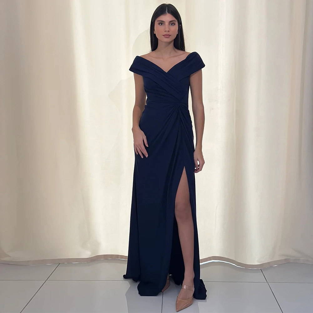 

Simple Navy Blue Off the Shoulder Side Slit Evening Dress Customized Pleats V-Neck Jersey Formal Occasion Gowns Prom Party Dress