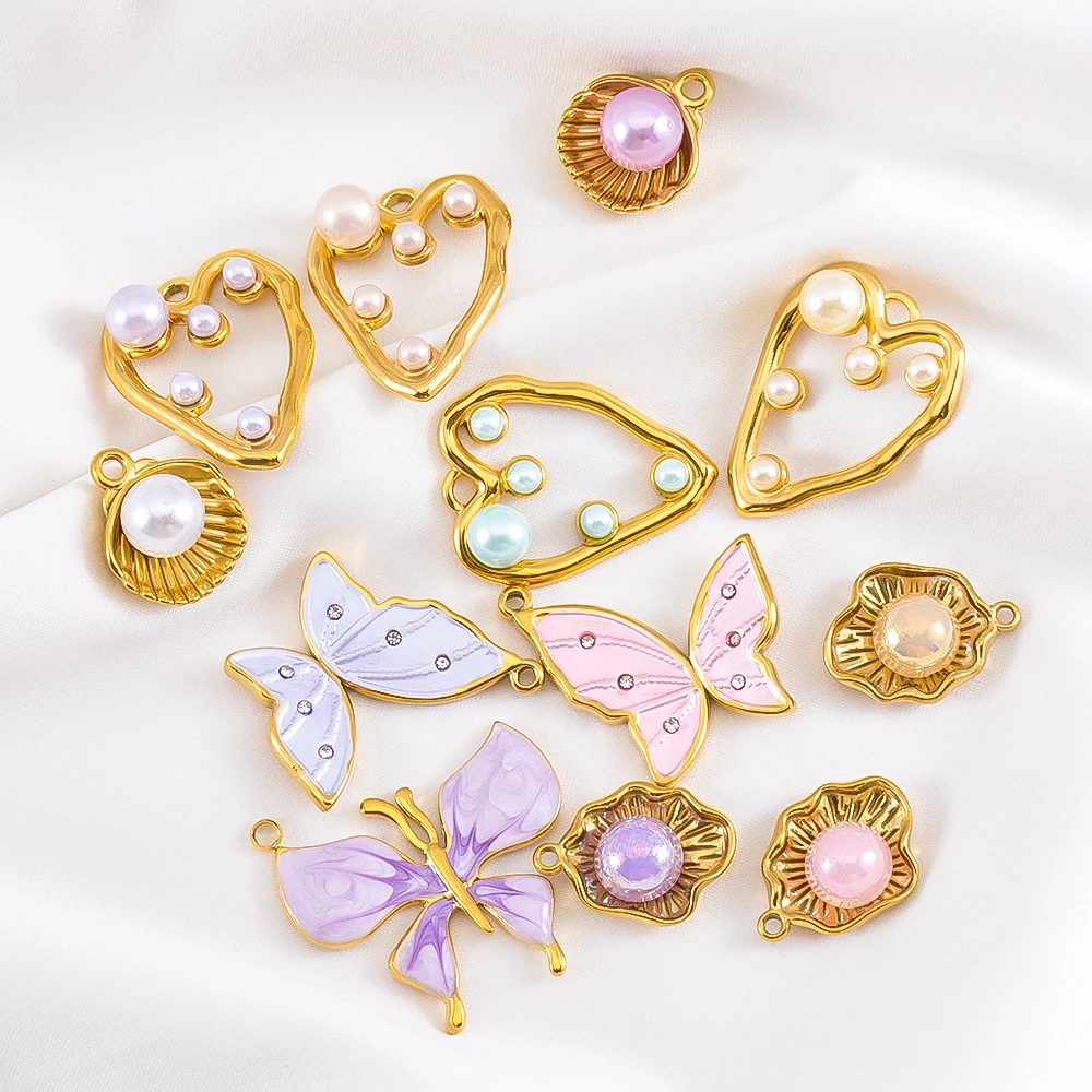 

2pcs Stainless Steel Enamel Butterfly Pendants Crystal Bead Imitation Pearl Shell Heart Charm DIY Trendy Necklace Jewelry Making