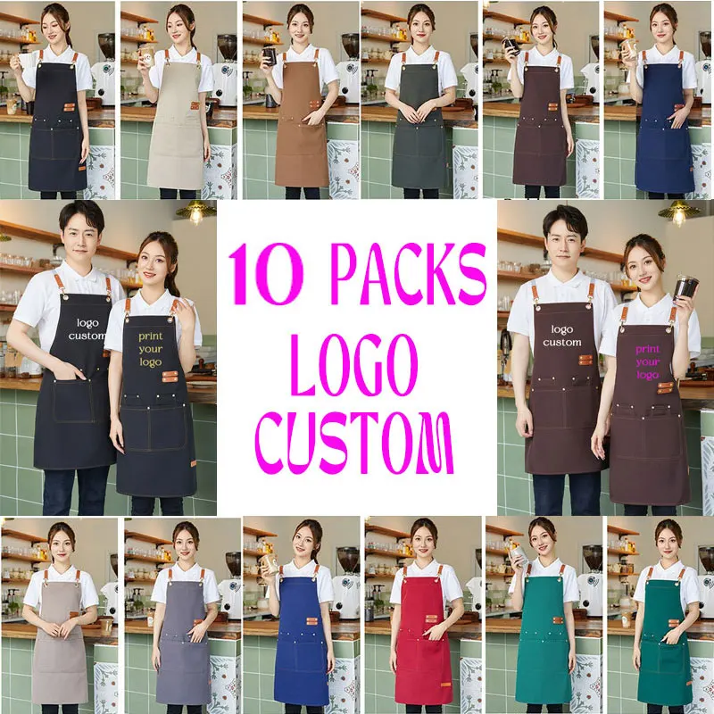 10개입 내구성 있는 기능성 앞치마 맞춤형 로고 면 캔버스 앞치마 편안하고 스타일리시한 방수 앞치마 일상 작업용