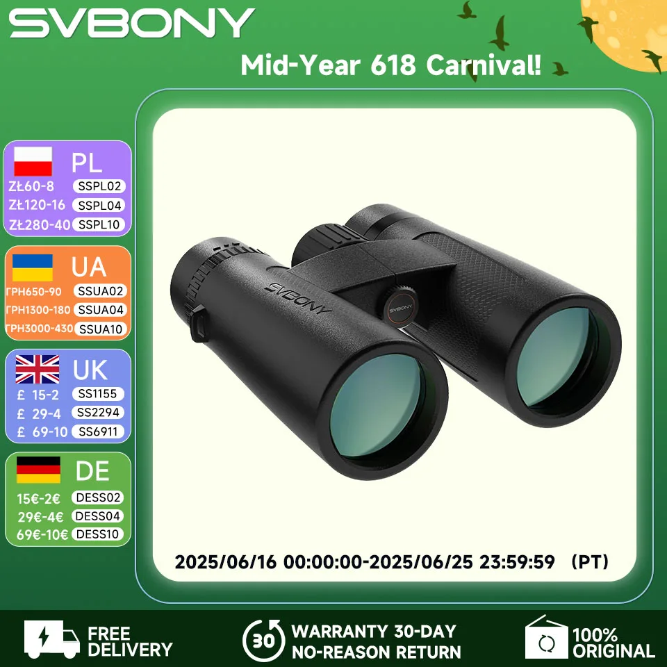 

Svbony SV202 Upgraded ED Binoculars 8x32 Wide Field of View Bak4 Prism IPX7 Waterproof Fogproof for Bird Watching
